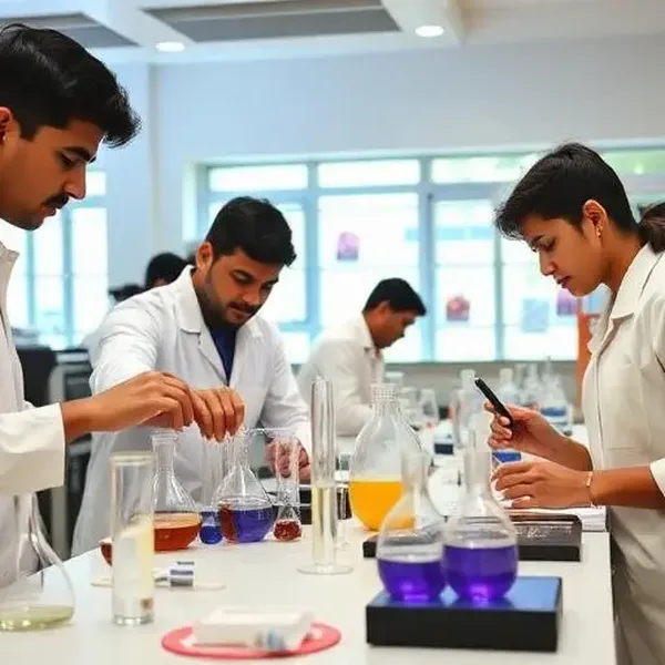 Students in lab coats doing a chemistry experiment